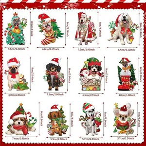 Set of 12 Christmas dog ornaments with dimensions in centimeters and inches