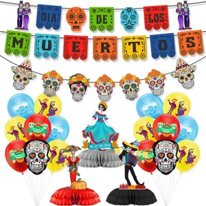 Complete Dia de los Muertos party decor kit with banners, balloons, and honeycomb centerpieces