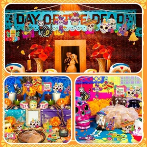 Detailed view of colorful Day of the Dead wooden hanging ornaments for festive decor