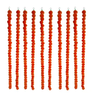 Detailed view of ten vibrant orange plastic marigold garlands for festive decoration