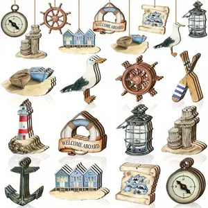 Nautical wooden ornaments collection featuring lighthouse, anchor, and seagull