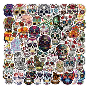 Collection of colorful Day of the Dead sugar skull stickers with intricate floral patterns