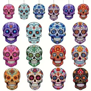 Colorful Day of the Dead wooden skull ornaments with intricate floral designs and patterns.