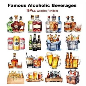 16pcs wooden pendants featuring famous alcoholic beverage illustrations for parties