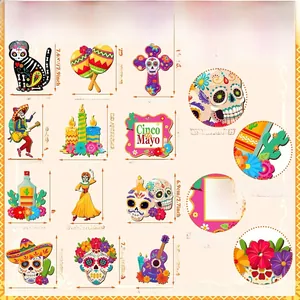 Size details of 12 Day of the Dead wooden ornaments with dimensions and features