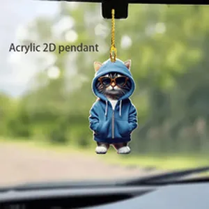 Cool cat wearing a blue hoodie acrylic 2D car rear view mirror pendant decoration gift