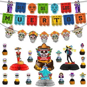 Day of the Dead party decoration set with skull banners and honeycomb centerpieces for festive events