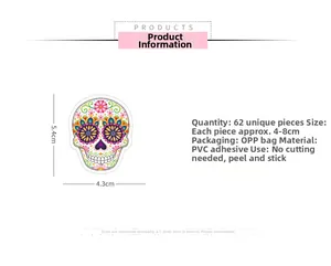 Detailed view of colorful Day of the Dead skull stickers for laptops and journals.