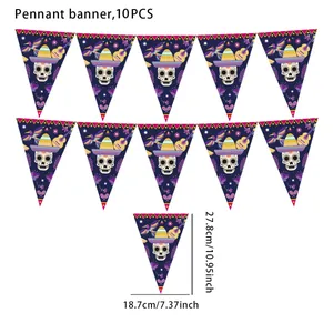 Size detail of Mexican Day of the Dead pennant banner with skull and sombrero designs