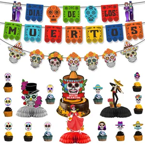 Day Of The Dead Party Decorations Set Dia De Los Muertos Sugar Skull Banner Balloons Cake Toppers Honeycomb Centerpieces Festive Supplies