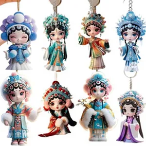 Set of cute Peking Opera doll wooden pendants with traditional Chinese costumes