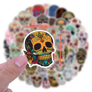 Colorful Day of the Dead skull sticker detail showing 5.4cm waterproof size dimensions