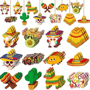 Comprehensive set of wooden Mexican fiesta ornaments featuring cactus, tacos, and pinatas.