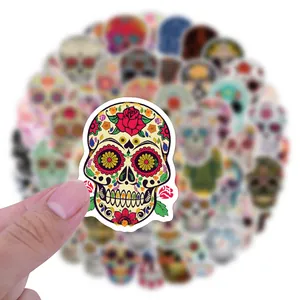 Close-up of a colorful sugar skull sticker for Day of the Dead decorations