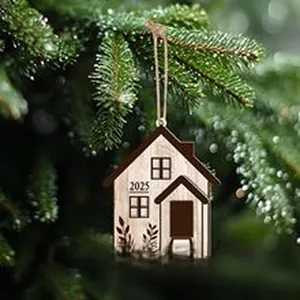 Macro view of a rustic wooden house ornament with New Home 2025 engraving on tree