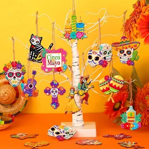 Festive Day of the Dead wooden ornaments featuring skulls, cats, and guitars for decoration.
