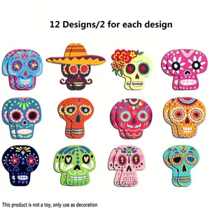 Set of 12 vibrant Mexican sugar skull wooden pendants for Cinco de Mayo decorations
