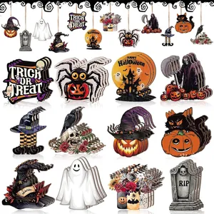 Halloween Wooden Hanging Ornaments Pumpkin Black Cat Ghost Bat Witch Hat Decorations For Party Tree Home Decor Wood Festive Pendant