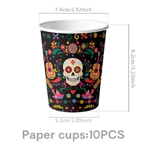 Day of the Dead themed paper cup with sugar skull and guitar patterns, 10-piece set