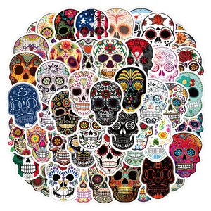 A diverse collection of 60 colorful Day of the Dead sugar skull stickers for decorating