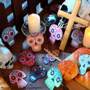 Colorful Mexican sugar skull wooden ornaments for Day of the Dead festival decorations