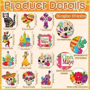 12 styles Mexican Day of the Dead wooden hanging ornaments with skulls and festive designs