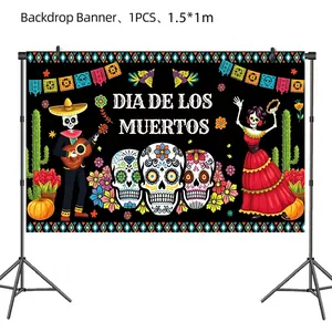 Detailed view of Dia de los Muertos backdrop banner, 1.5x1m festive party decoration.