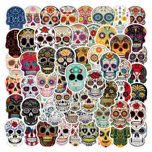 Set of 60 colorful Day of the Dead sugar skull stickers for laptops and journals