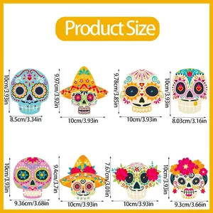 Product size chart for 8 Day of the Dead skull pendants with height and width in cm/inches