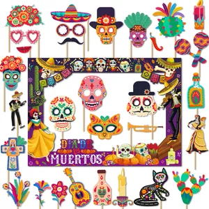 Complete kit of Dia de los Muertos photo booth props including frame and skull masks