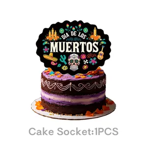 Detailed view of Dia de los Muertos cake topper on a festive layered chocolate cake