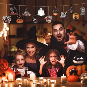 Family party scene with wooden Halloween hanging ornaments and pumpkin decor