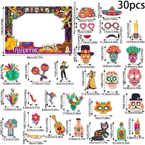 30-piece Day of the Dead photo booth prop set with dimensions for various skull and festive motifs