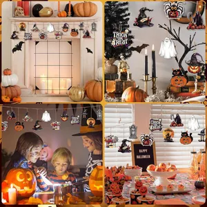 Lifestyle collage showing various Halloween wooden hanging ornaments on a mantle and tree