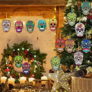 Detailed view of colorful Mexican sugar skull wooden ornaments on a festive tree.