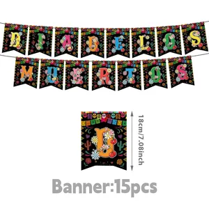 Full specifications showing flag dimensions and 15-piece quantity for festive banner