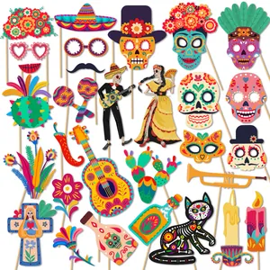 Detailed collection of colorful Day of the Dead themed paper photo booth props on sticks