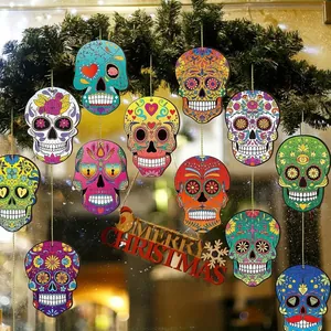 Vibrant Mexican sugar skull wooden ornaments set for festive Christmas tree decoration