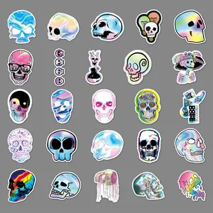 50 Stück holografische Totenkopf-Sticker, wasserfeste Graffiti-Aufkleber für Laptop und Koffer