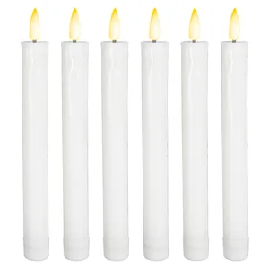 Set of six tall white flameless LED taper candles with realistic glowing yellow flames
