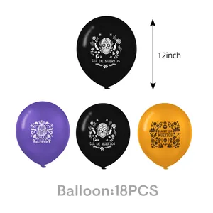 Set of 18 Day of the Dead latex balloons featuring sugar skull designs in black purple orange