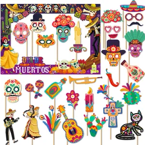 Comprehensive set of Day of the Dead photo booth props with skull masks and festive decor