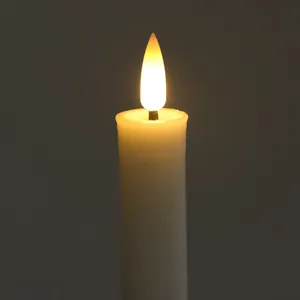 Macro detail of the warm glowing flame tip on a white LED battery operated candle light