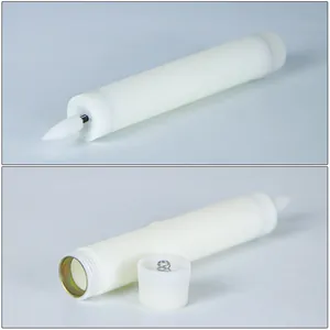 Detailed views of a white LED electronic candle showing the flame tip and battery base