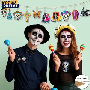 Décorations à suspendre en bois Jour des Morts, pendentifs crâne 2D pour fête de festival.
