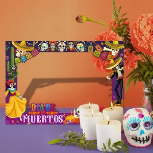 Detail view of Day of the Dead photo frame with colorful sugar skull illustrations