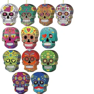 Colorful Mexican sugar skull wooden hanging ornaments set for Day of the Dead party decor