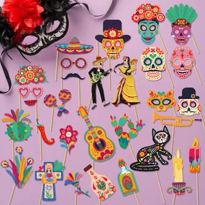 Detailed collection of Day of the Dead themed paper photo booth props for parties