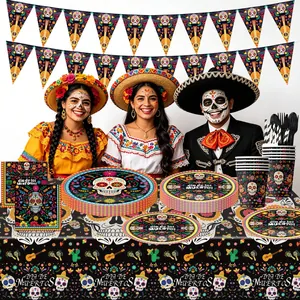 Mexican Day Of The Dead Theme Party Decoration Sugar Skull Disposable Tableware Paper Plates Cups Napkins Banner Tablecloth Accessories