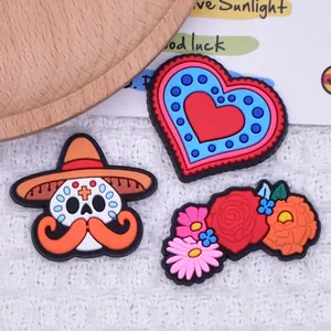 Mexican Day of the Dead PVC patches with skull, heart, and flower designs for DIY crafts
